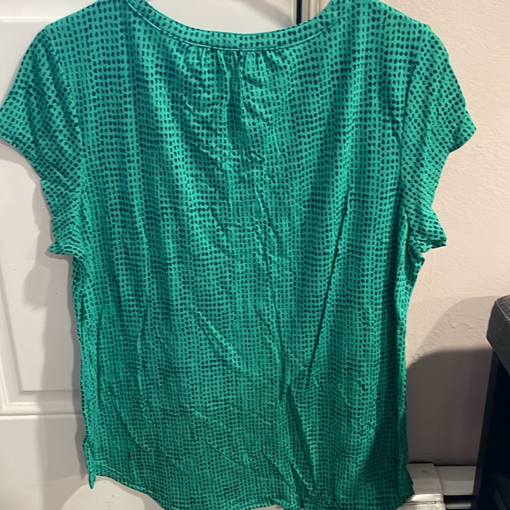 LIZ CLAIBORNE PETITE Green & Dark Blue Design Short Sleeve Top Size Petite Large - Picture 4 of 5